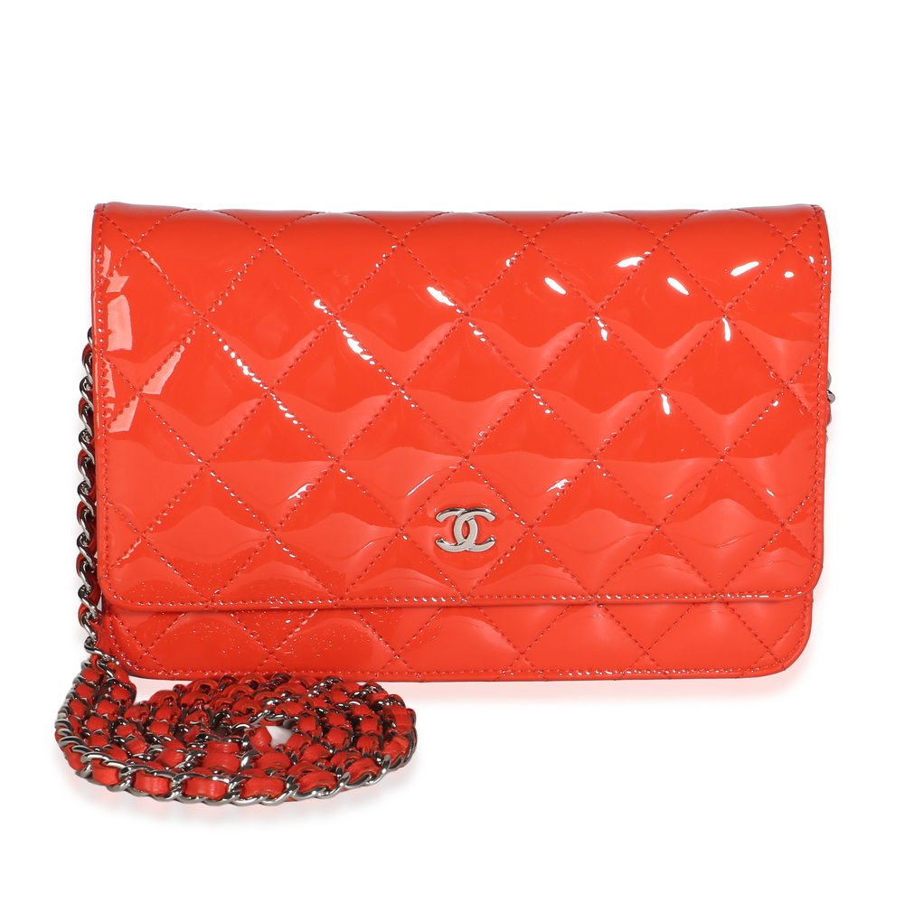 Chanel Red Quilted Patent Classic Wallet On Chain